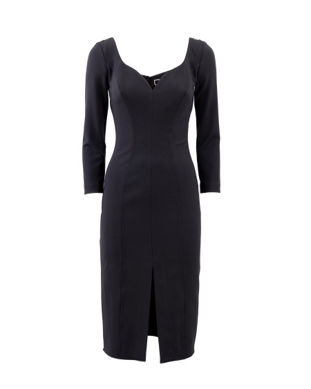 Shop ELISABETTA FRANCHI  Abito: Elisabetta Franchi tubino longuette in doppio crêpe.
Tubino longuette in doppio crêpe stretch.
Ampia scolloatura sagomata.
Maniche a 3/4. 
Applicazione di placche logo in metallo dorato sulle spalle.
Fodera in raso.
Zip sulla schiena.
Accessorio in metallo dorato.
Composizione: 96% Poliestere 04% Elastane.
Fabbricato in Italia.. AB41536E2-110
